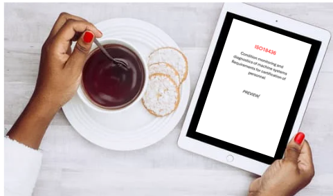 ISO 18436 document cover page displayed on a digital tablet