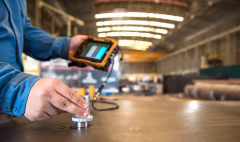 Engineer using handheld vibration analyzer on industrial machinery